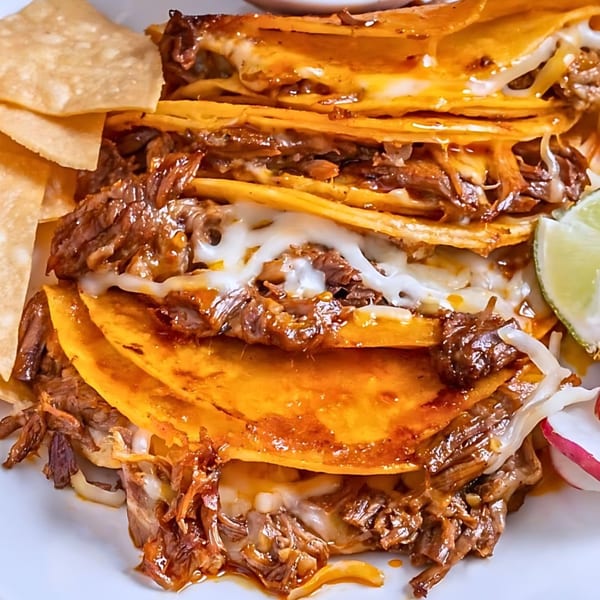 Close-up of cheesy birria tacos with shredded beef, served with tortilla chips and a lime wedge.